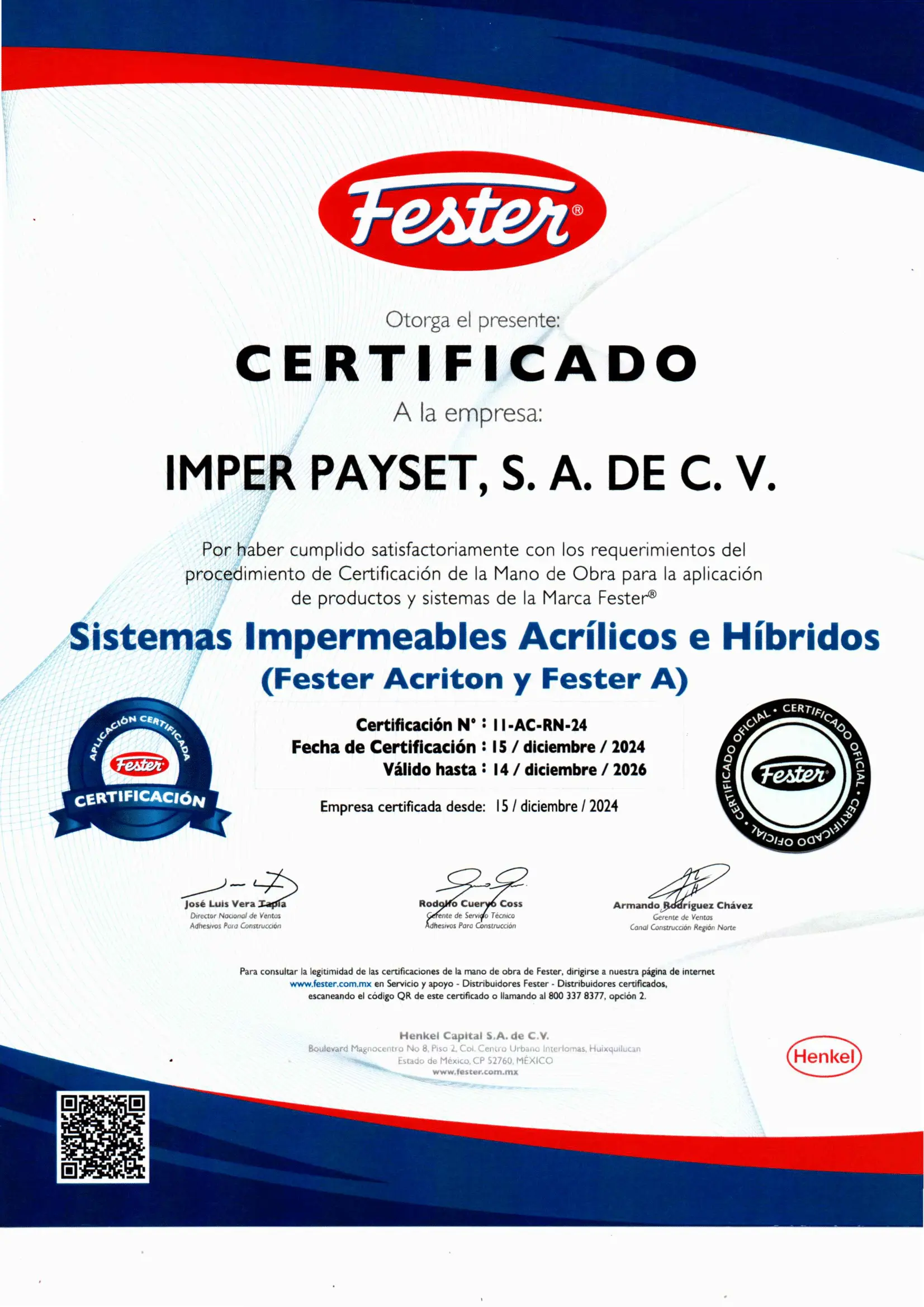 Certificación en Sistemas impermeables Acrílicos e Híbridos Fester Ariton y Fester obtenido por ImperPaySet