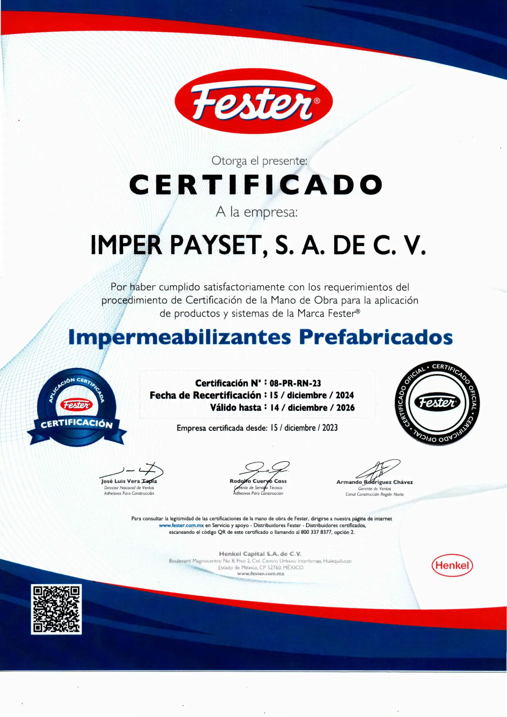 Certificación en Impermeabilización Prefabricada obtenido por ImperPaySet otorgada por Fester